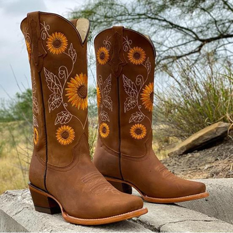 Roselyn | Women's Closed Toe Sunflower Block Heel Cowboy Boots