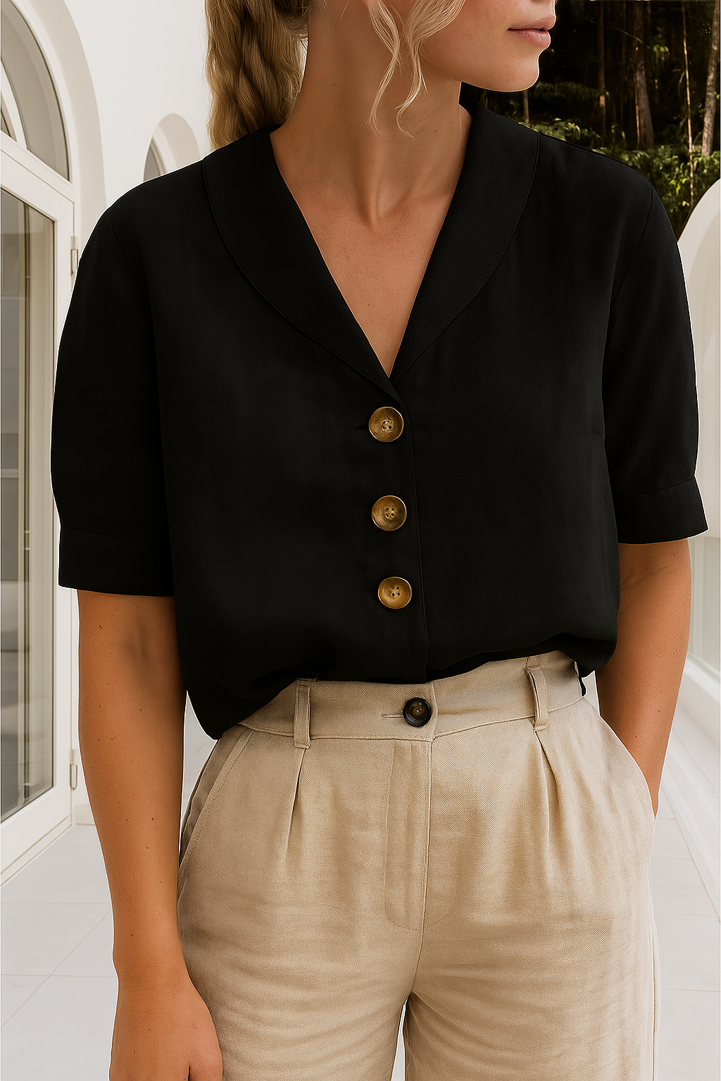 Rosemary | Women's Short Sleeve Button Front Summer Blouse