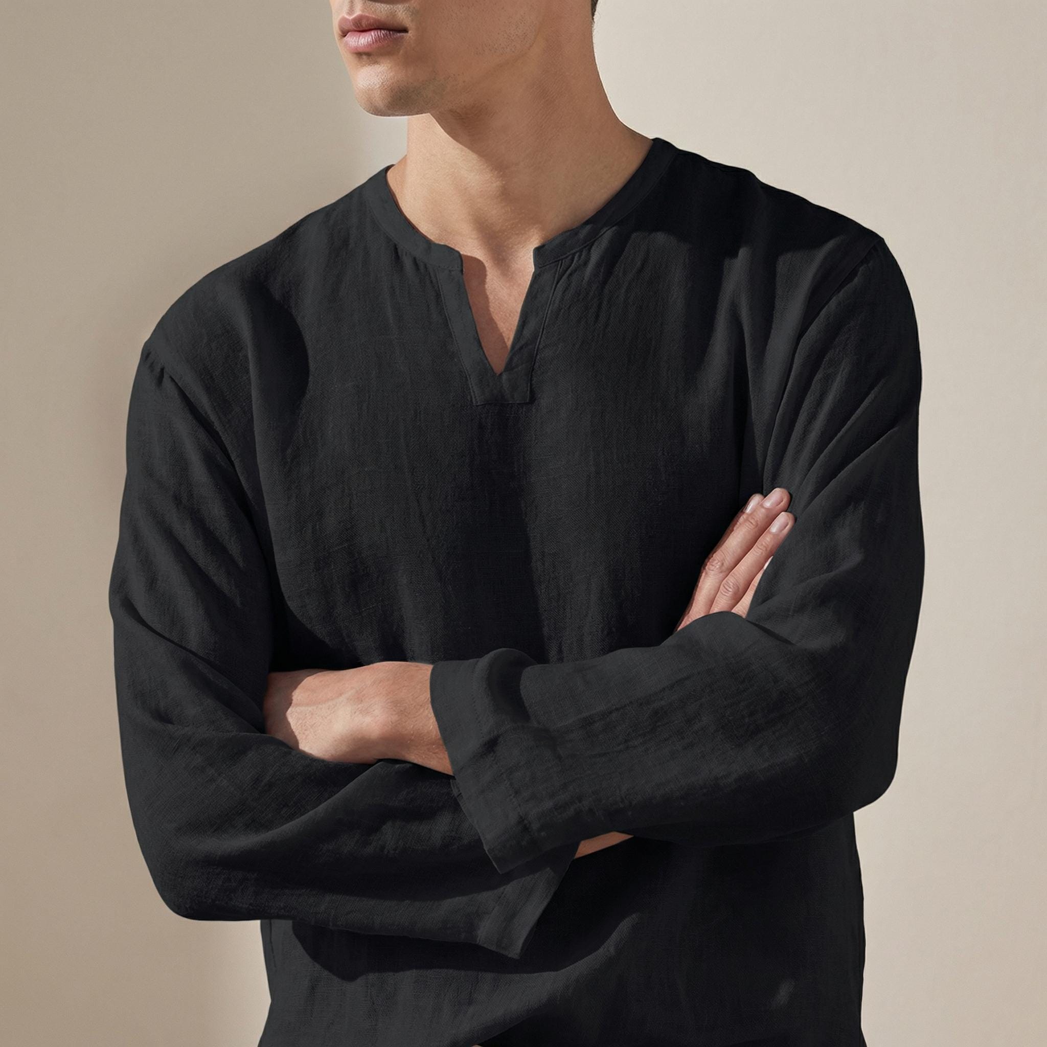 Russell | Men's Long Sleeve Split Neck Collarless Shirt