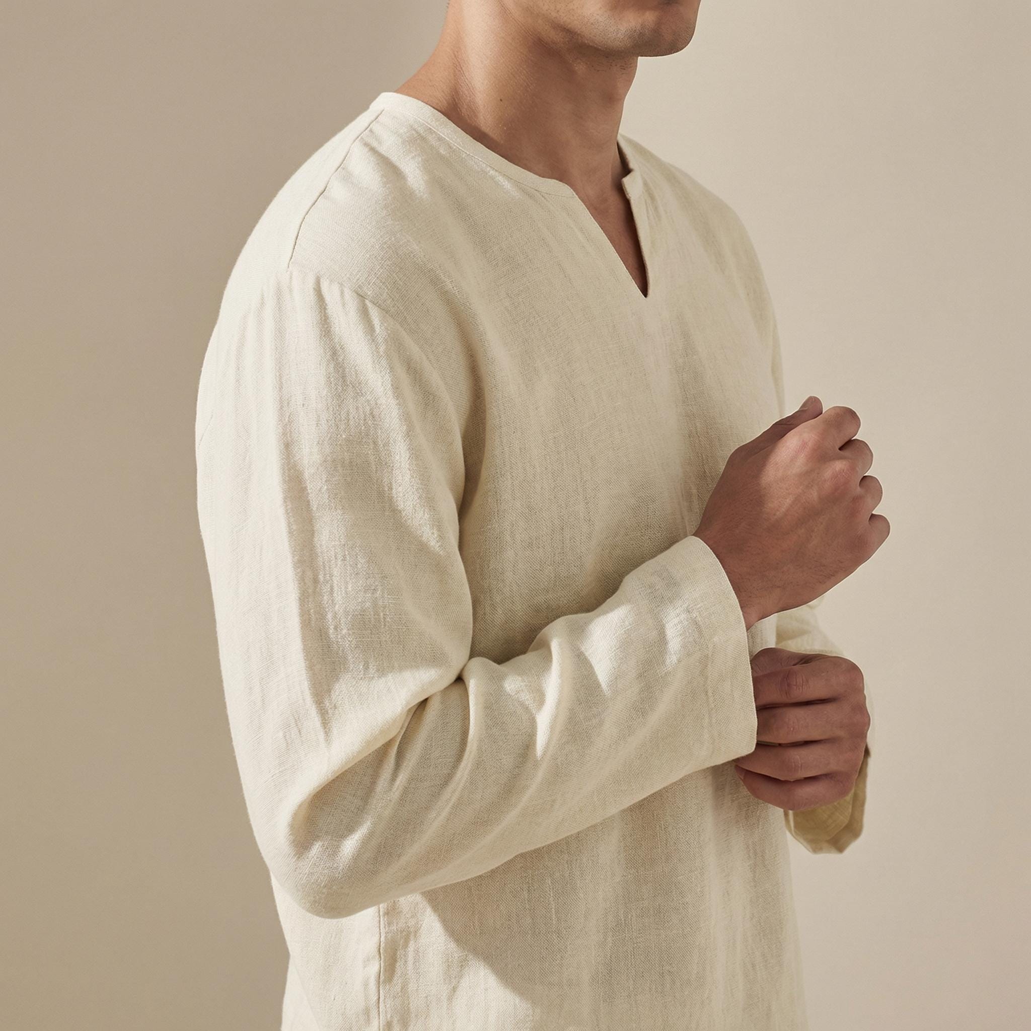 Russell | Men's Long Sleeve Split Neck Collarless Shirt