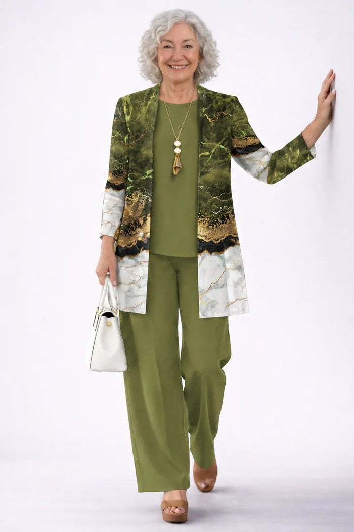 Sabine | Women's Printed Straight Leg Round Neck Three Piece Set