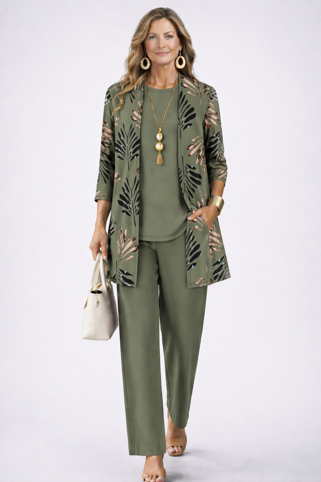 Sabine | Women's Printed Straight Leg Round Neck Three Piece Set