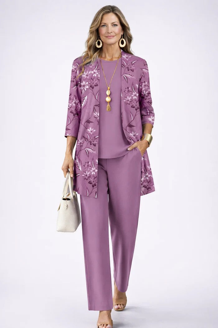 Sabine | Women's Printed Straight Leg Round Neck Three Piece Set
