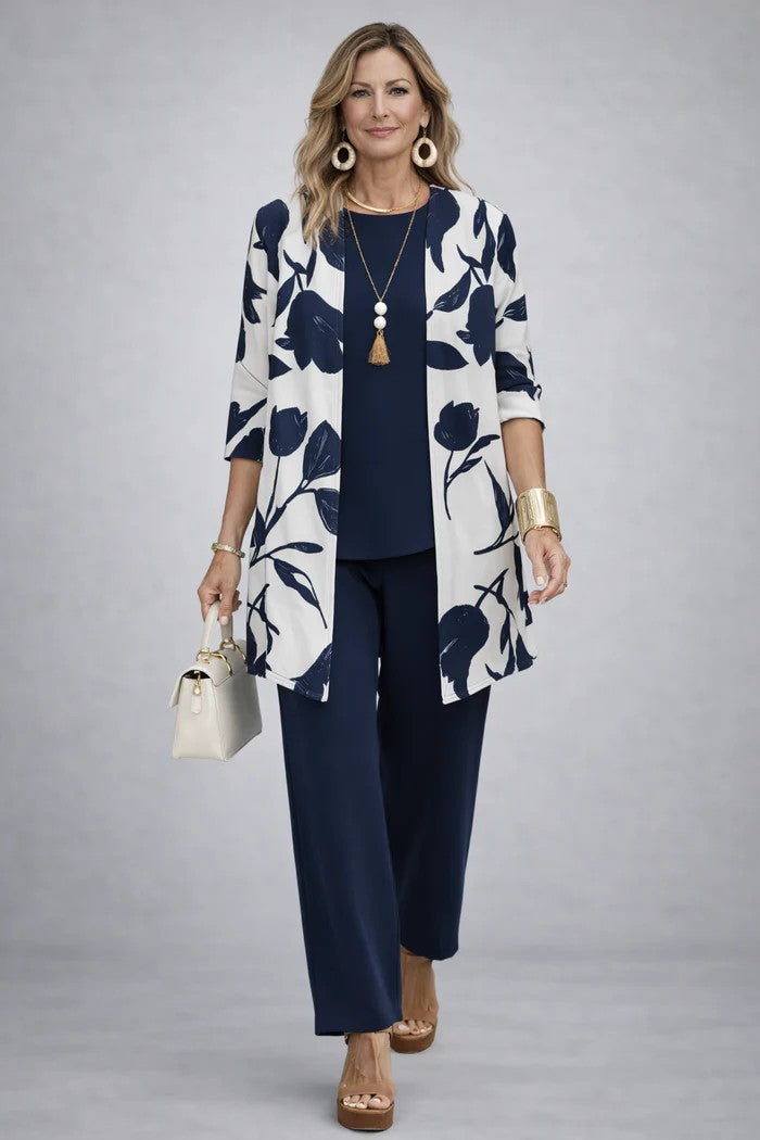 Sabine | Women's Printed Straight Leg Round Neck Three Piece Set