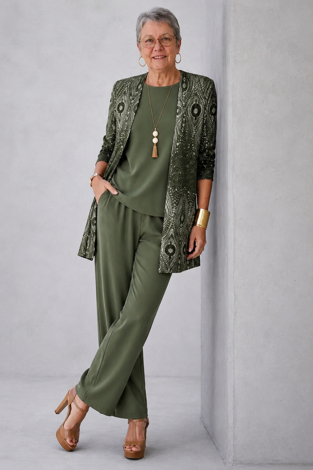 Sandy | Women's Patterned Open Front Straight Leg Three Piece Set