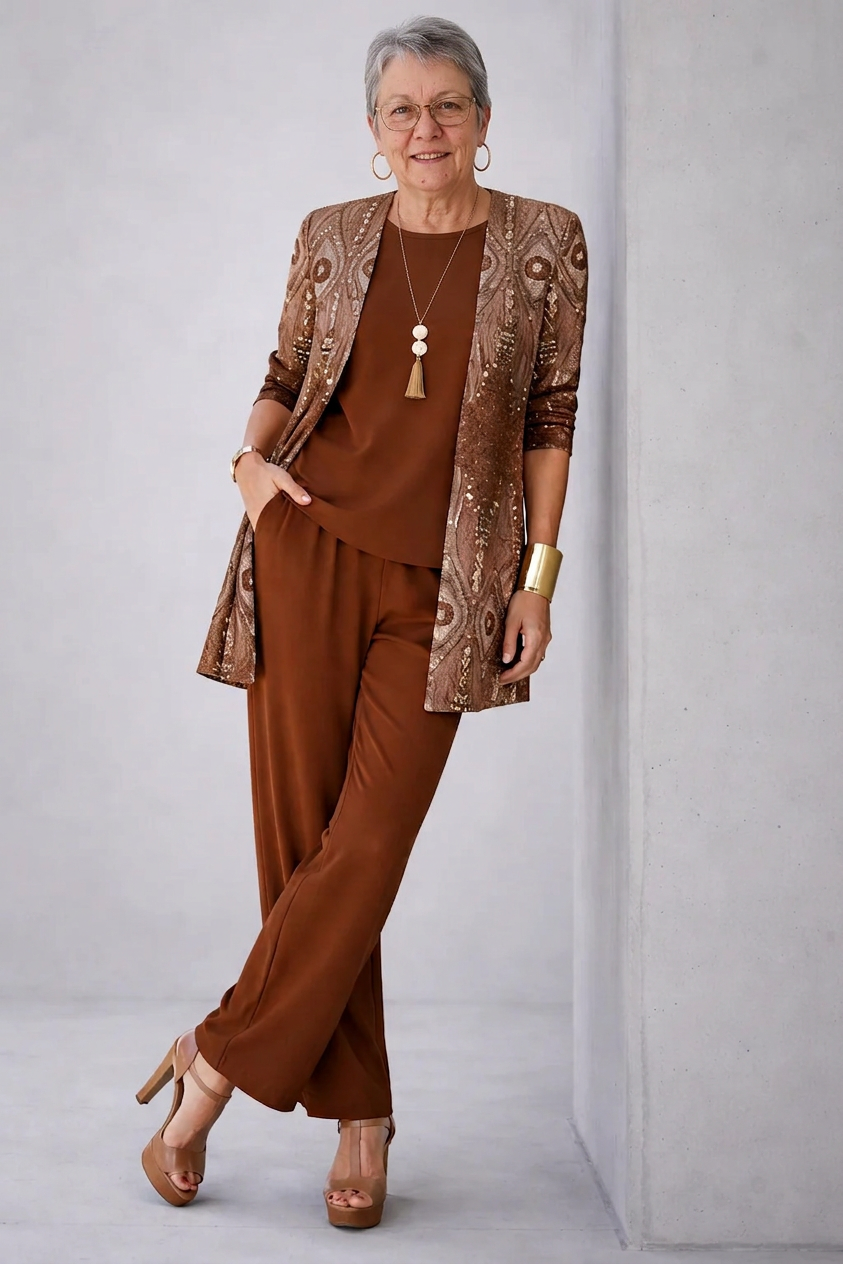 Shelly | Women's Pocket Round Neck Straight Leg Three Piece Set