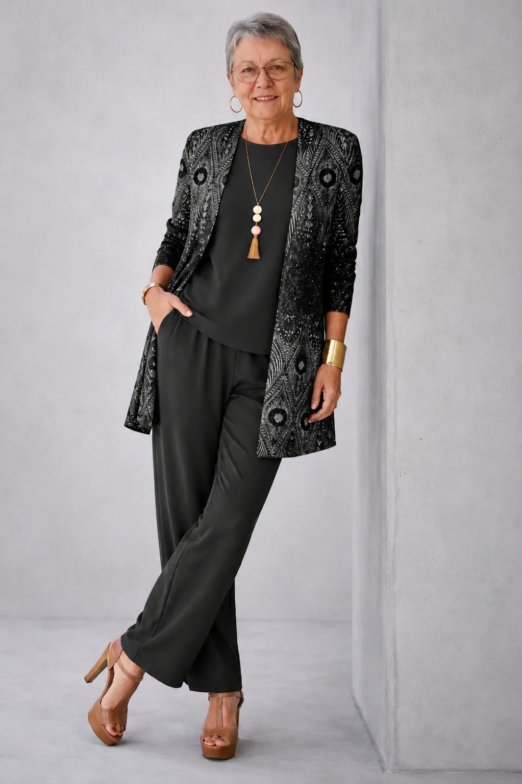 Sherrie | Women's Open Front Long Sleeve Round Neck Three Piece Set