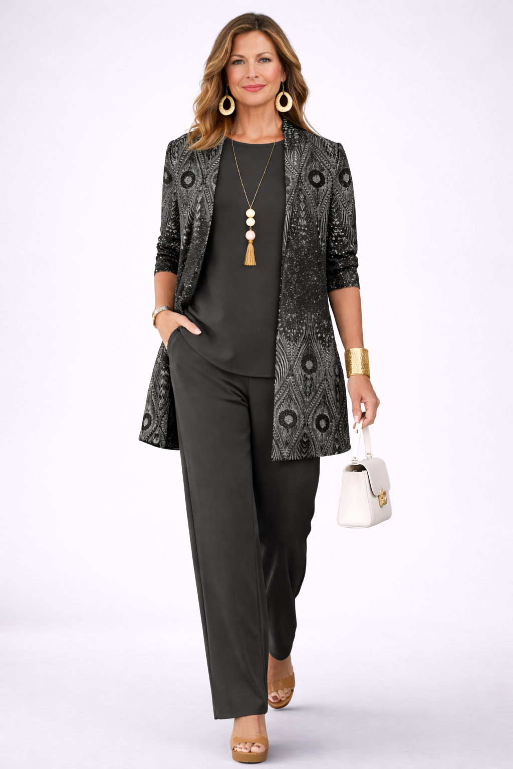 Sherrie | Women's Open Front Long Sleeve Round Neck Three Piece Set