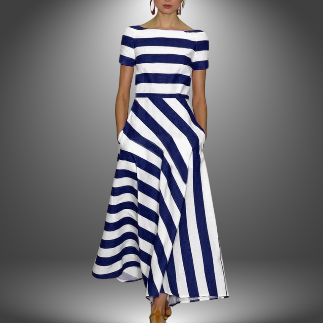 Sienna | Women's Striped Short Sleeve Boat Neck Midi Dress