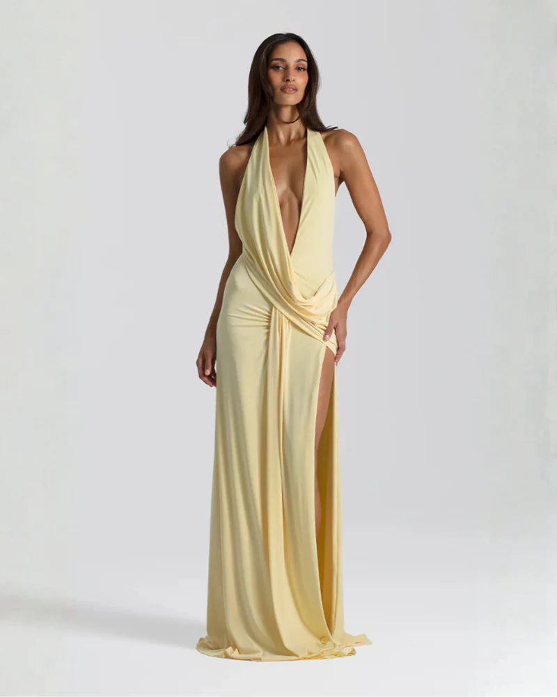 Sophia | Women’s Backless Draped High Slit Wedding Guest Dress