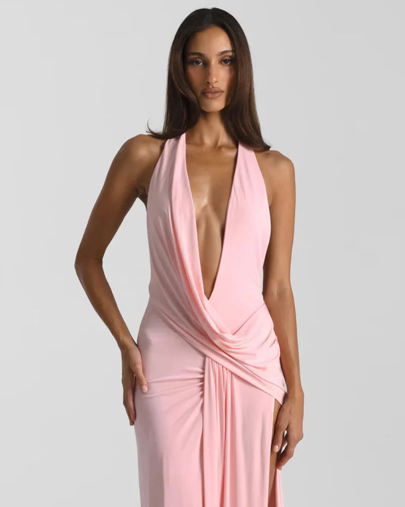 Sophia | Women’s Backless Draped High Slit Wedding Guest Dress