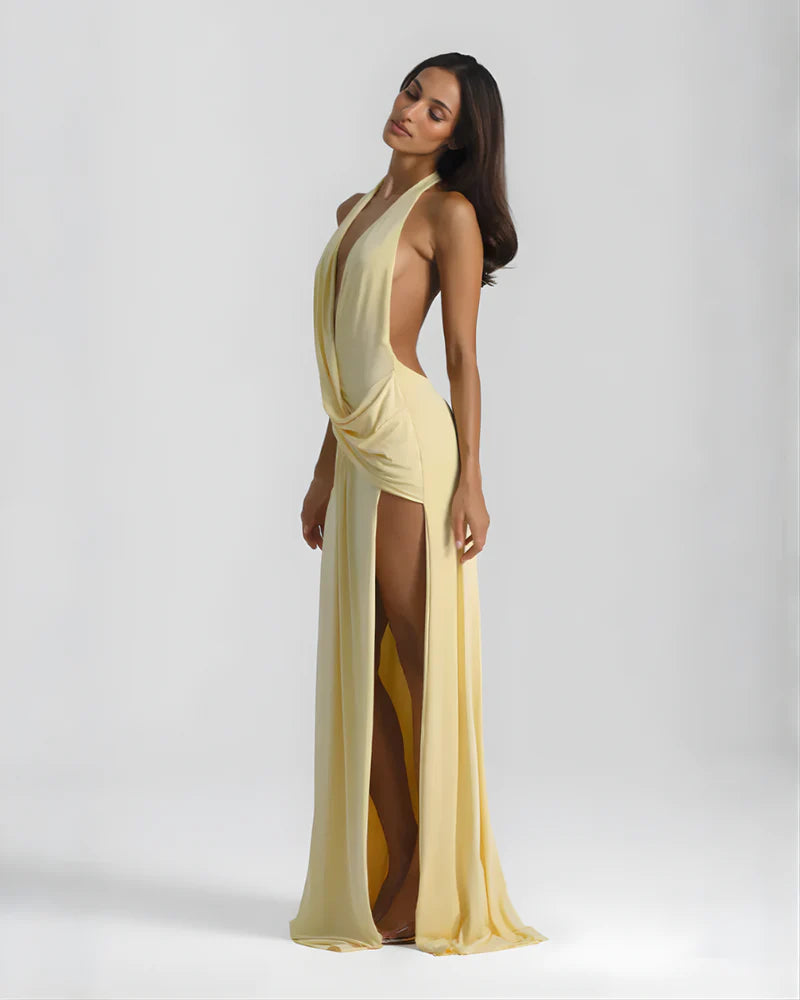 Sophia | Women’s Backless Draped High Slit Wedding Guest Dress