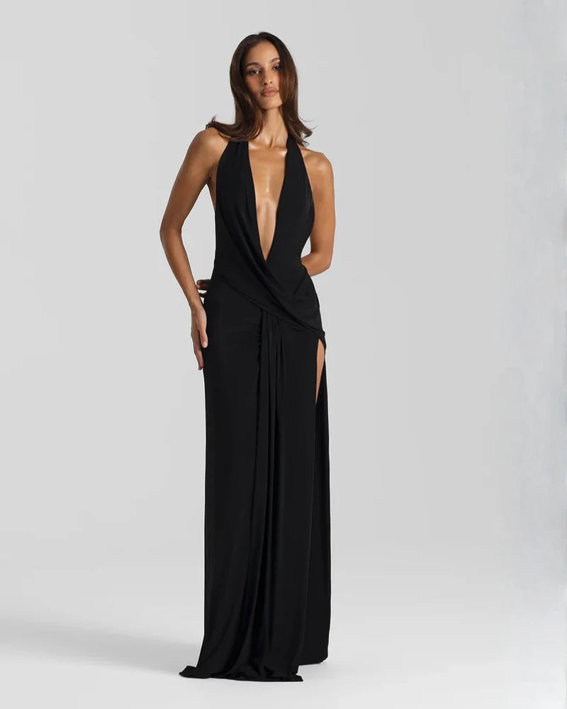 Sophia | Women’s Backless Draped High Slit Wedding Guest Dress