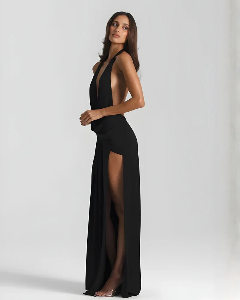 Sophia | Women’s Backless Draped High Slit Wedding Guest Dress