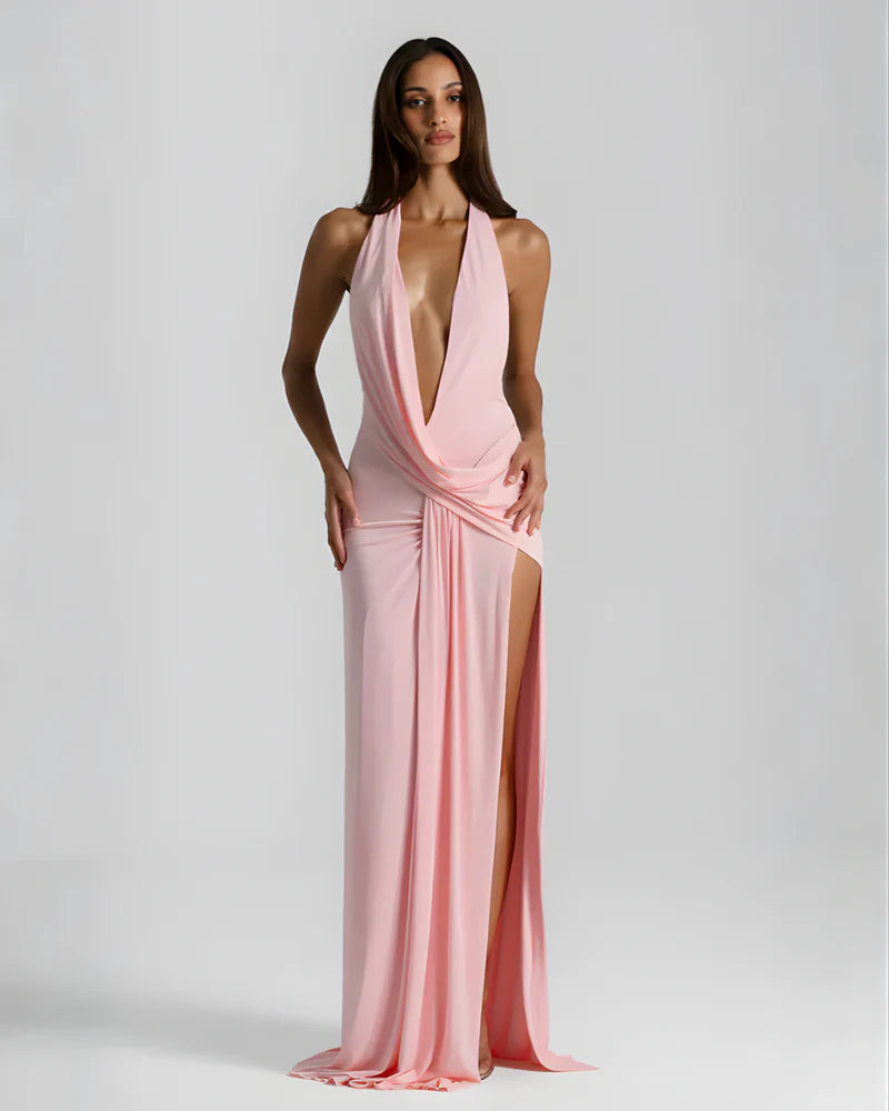 Sophia | Women’s Backless Draped High Slit Wedding Guest Dress