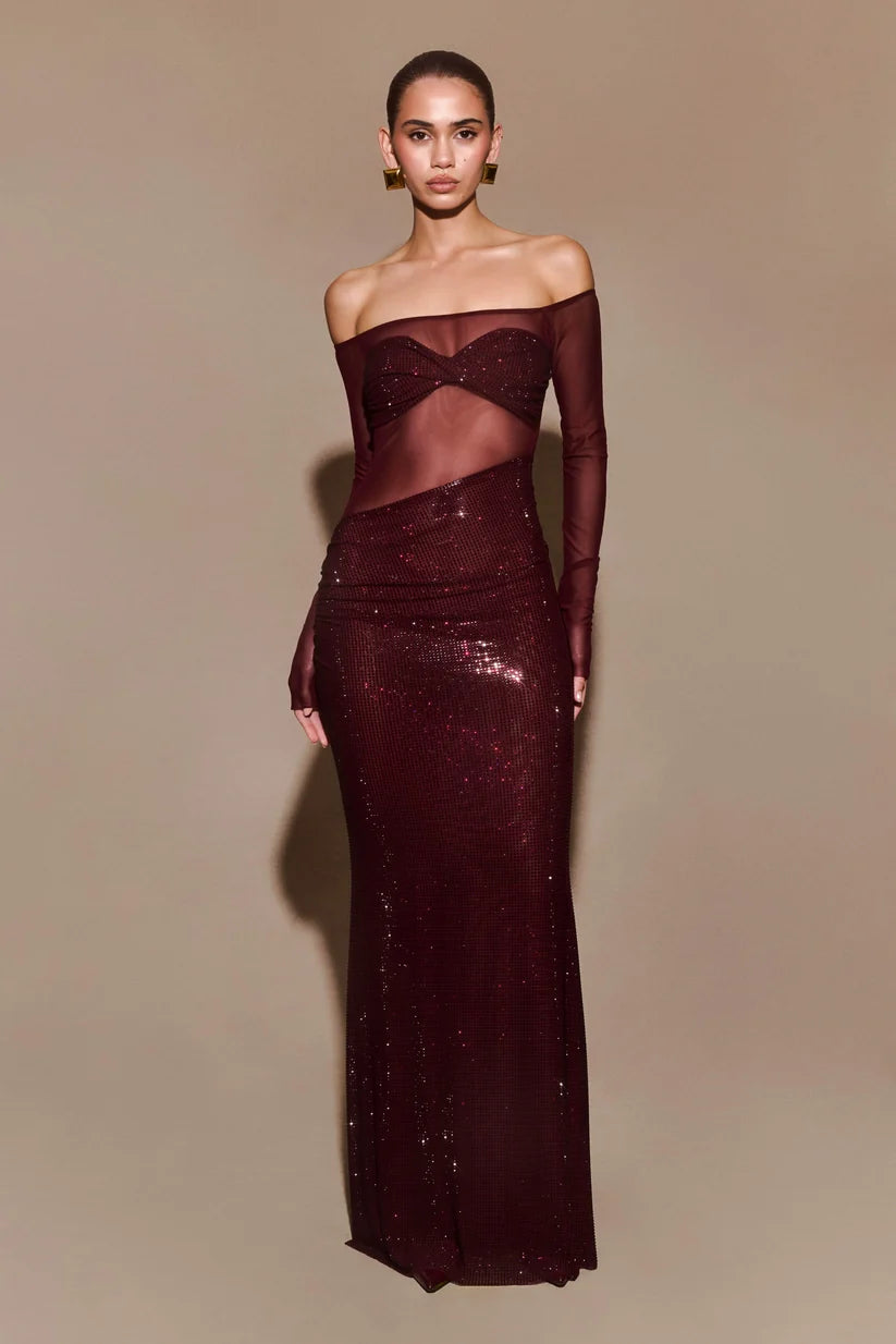 Sunny | Women’s Mesh Off Shoulder Rhinestone Wedding Guest Dress