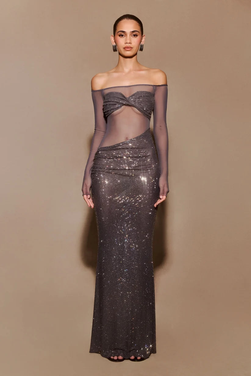 Sunny | Women’s Mesh Off Shoulder Rhinestone Wedding Guest Dress