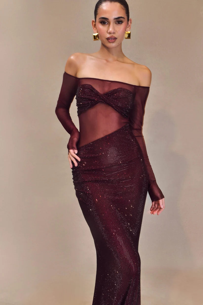 Sunny | Women’s Mesh Off Shoulder Rhinestone Wedding Guest Dress