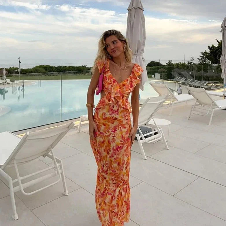 Theresa | Women’s V Neck Floral Print Summer Maxi Dress