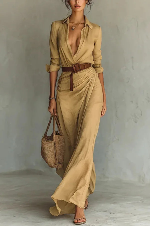 Valentina | Women's Belted Turn Down Collar Flowy Maxi Dress