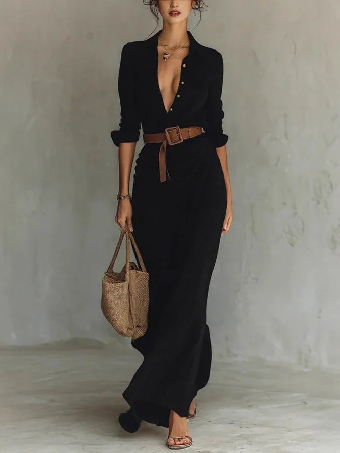 Valentina | Women's Belted Turn Down Collar Flowy Maxi Dress