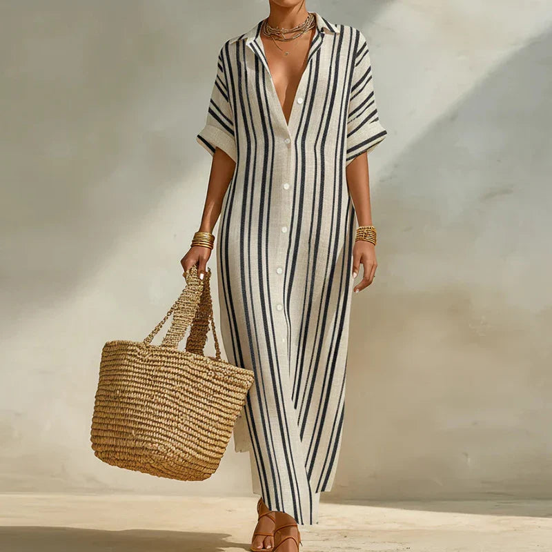 Whitney | Women's Button Front Turn Down Collar Shirt Maxi Dress