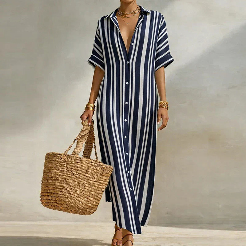 Whitney | Women's Button Front Turn Down Collar Shirt Maxi Dress