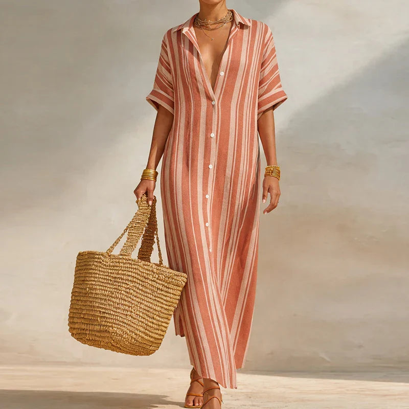 Whitney | Women's Button Front Turn Down Collar Shirt Maxi Dress