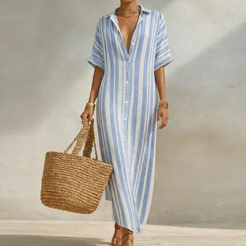 Whitney | Women's Button Front Turn Down Collar Shirt Maxi Dress