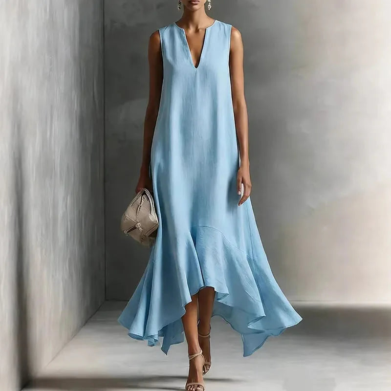 Willow | Women's V Neck Ruffled Asymmetrical Midi Dress