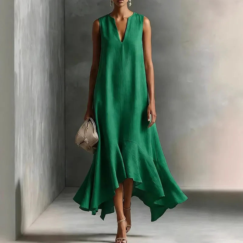 Willow | Women's V Neck Ruffled Asymmetrical Midi Dress