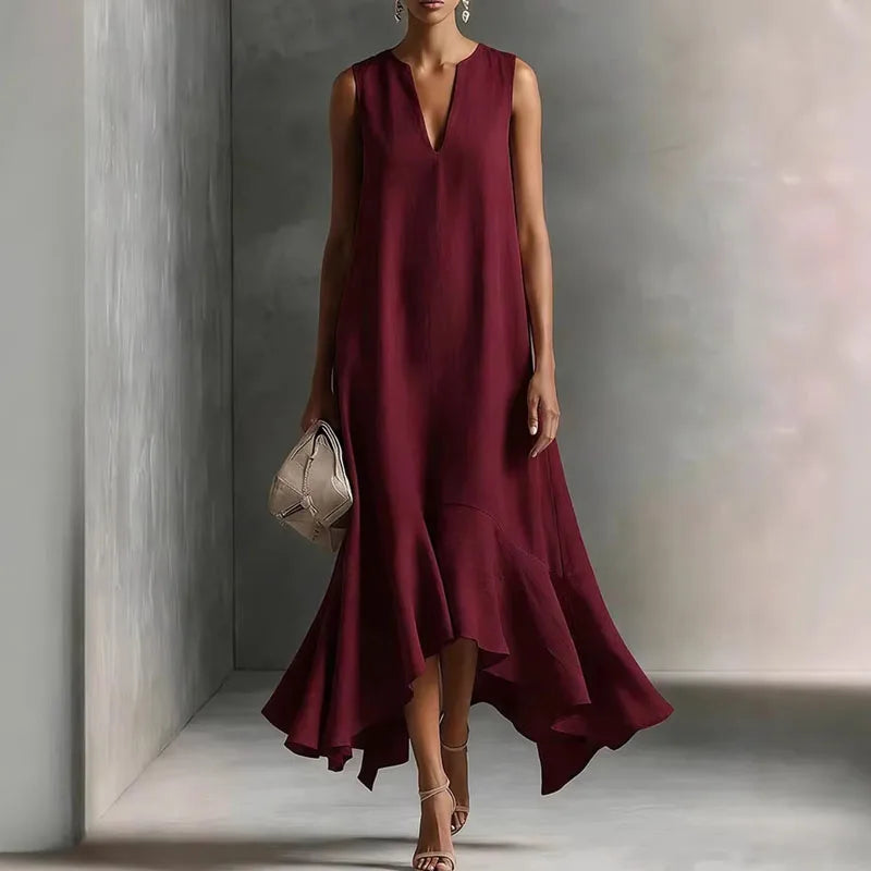 Willow | Women's V Neck Ruffled Asymmetrical Midi Dress