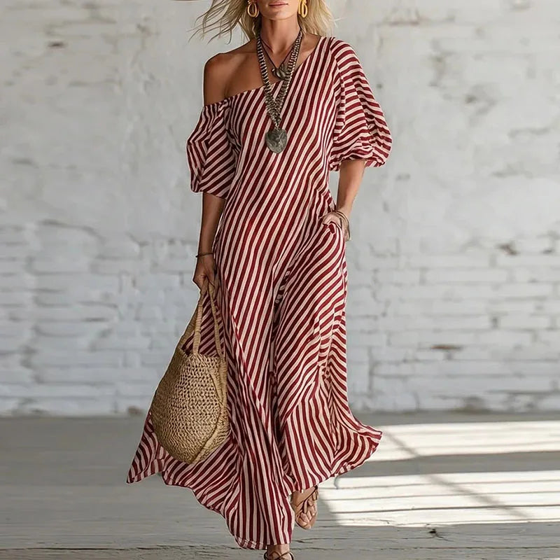 Winona | Women's Striped Puff Sleeve Boho Wedding Guest Dress