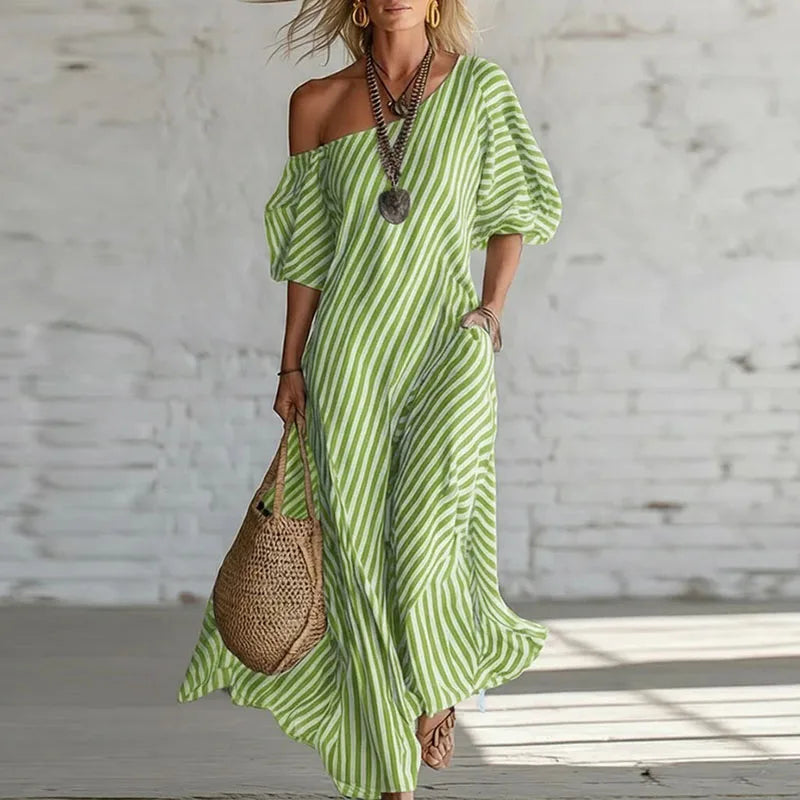 Winona | Women's Striped Puff Sleeve Boho Wedding Guest Dress