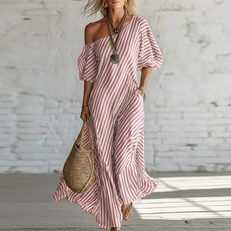 Winona | Women's Striped Puff Sleeve Boho Wedding Guest Dress