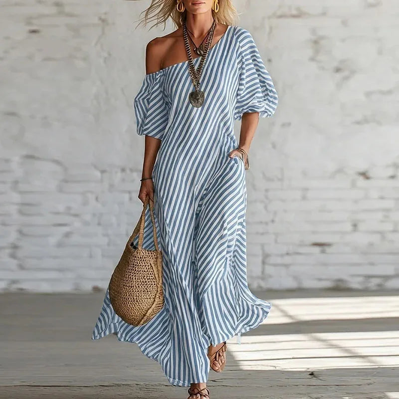Winona | Women's Striped Puff Sleeve Boho Wedding Guest Dress