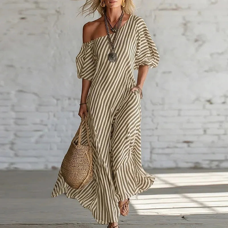 Winona | Women's Striped Puff Sleeve Boho Wedding Guest Dress