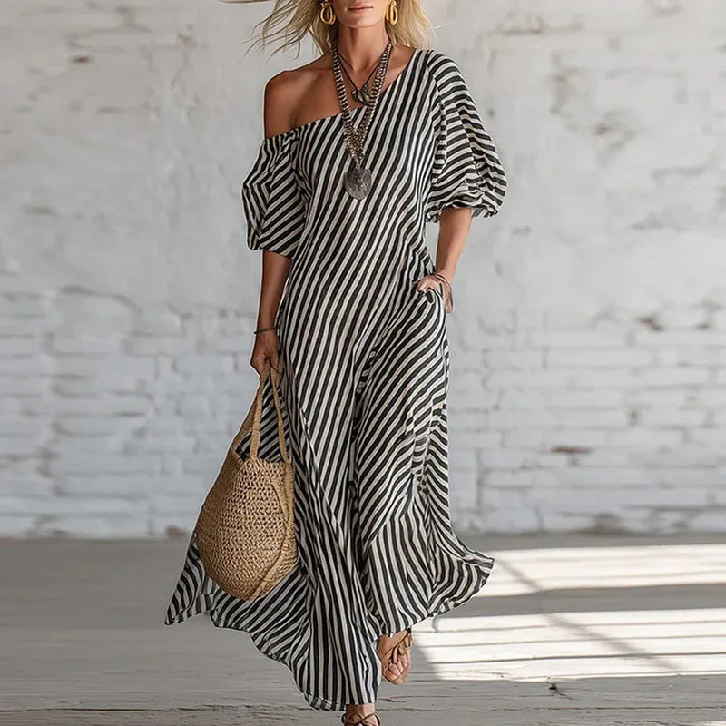Winona | Women's Striped Puff Sleeve Boho Wedding Guest Dress