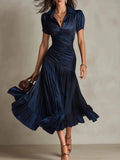 Zinnia | Women's Pleated V Neck Short Sleeve Midi Dress