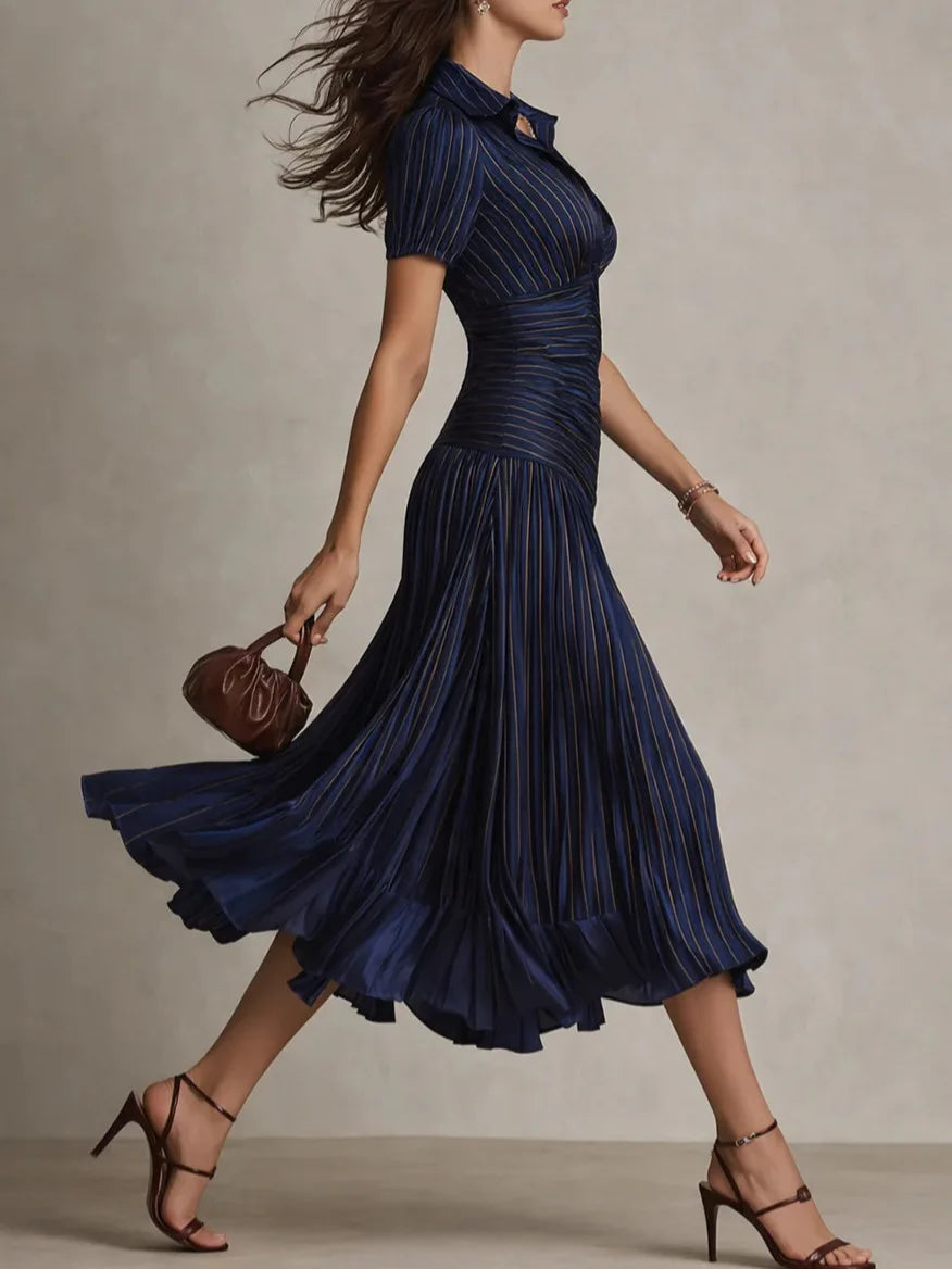 Zinnia | Women's Pleated V Neck Short Sleeve Midi Dress