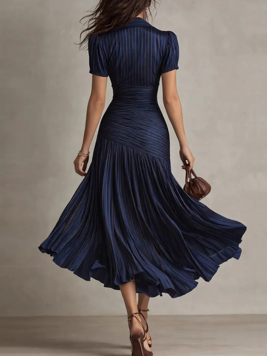 Zinnia | Women's Pleated V Neck Short Sleeve Midi Dress
