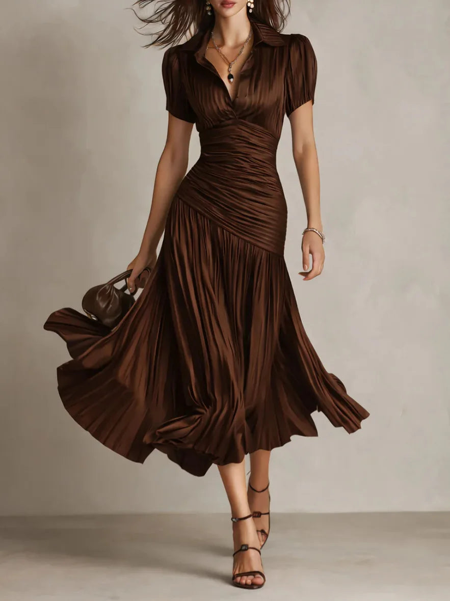 Zinnia | Women's Pleated V Neck Short Sleeve Midi Dress