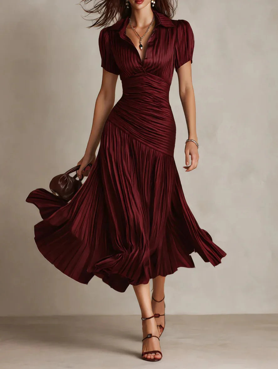 Zinnia | Women's Pleated V Neck Short Sleeve Midi Dress