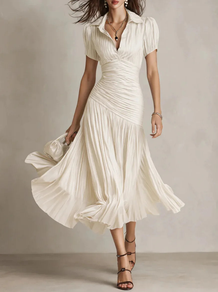Zinnia | Women's Pleated V Neck Short Sleeve Midi Dress